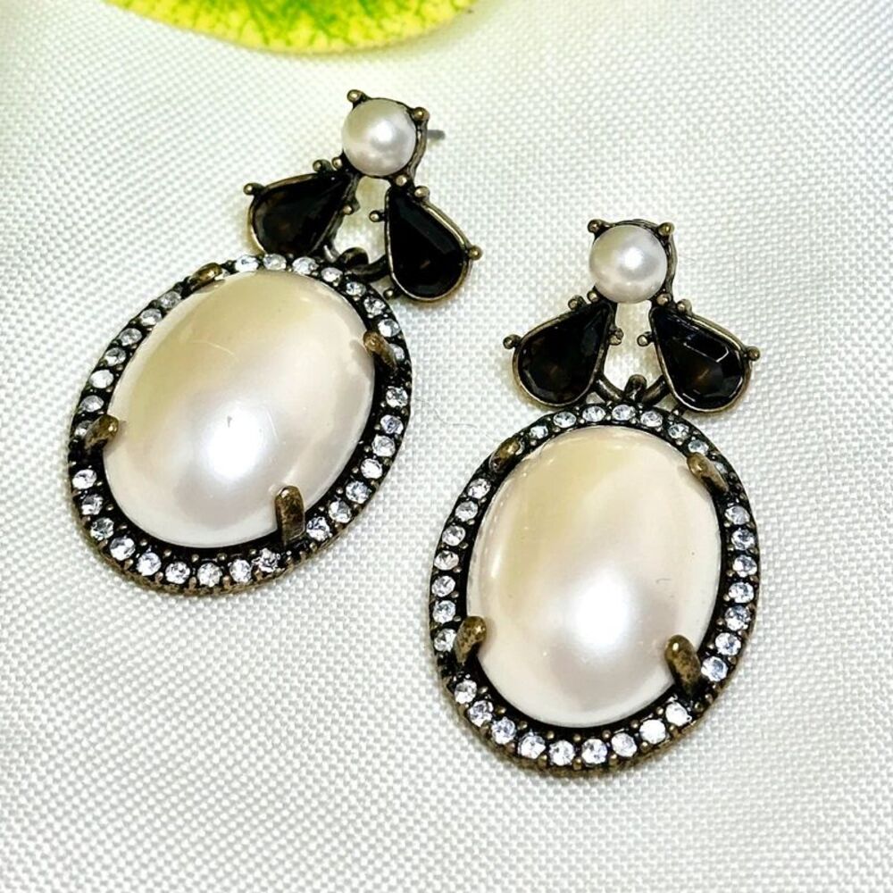 Large Faux Pearl Rhinestone Black Teardrop Statement Earrings